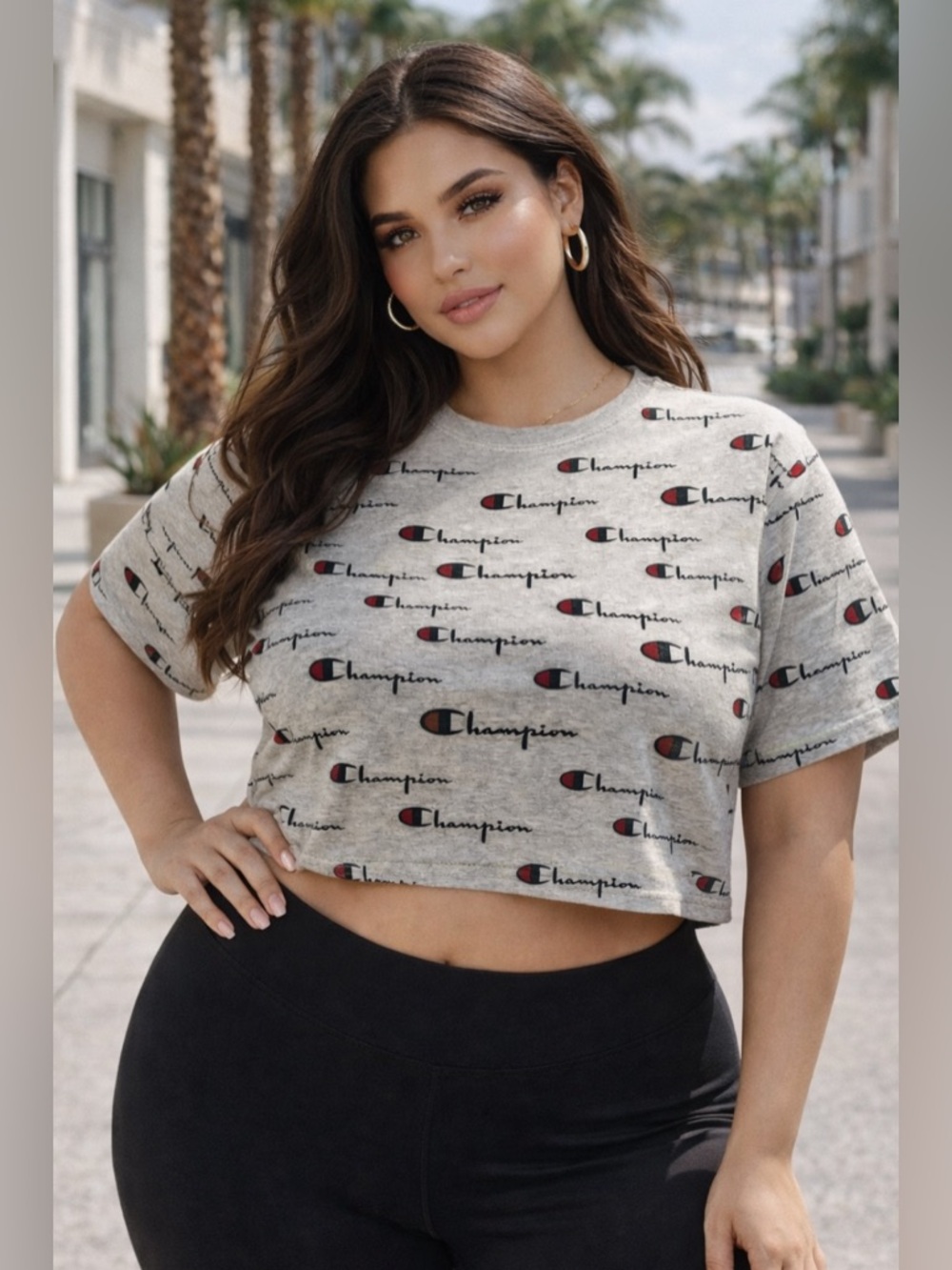 Champion Cropped Tee Womens 2X Gray Logo Print Y2K Athleisure Gym Casual
